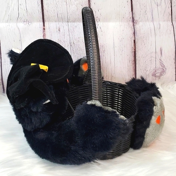 Vintage 90s Halloween Black Cat Witch Plush Stuffed Animal Wicker Candy Basket - Picture 8 of 12